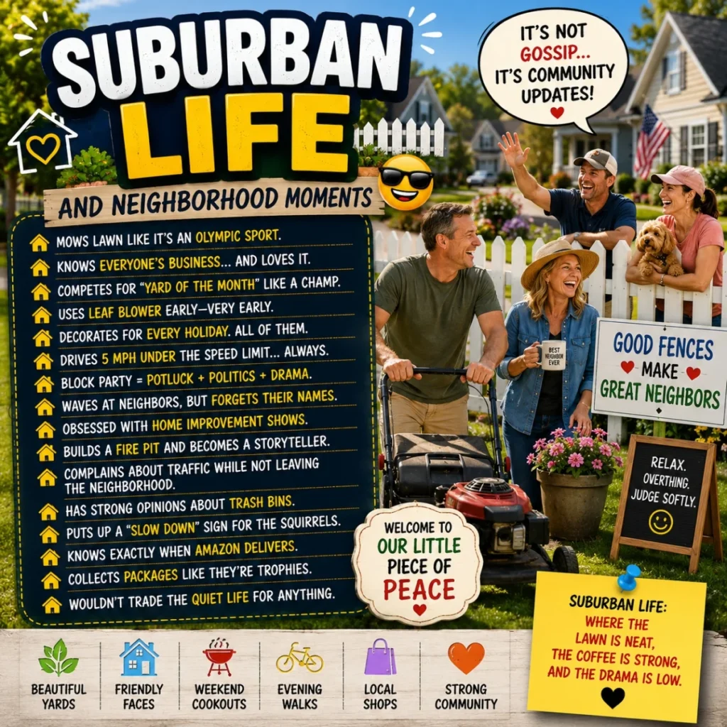 Suburban life and neighborhood moments poster with friendly neighbors, lawns, fences, and funny community humor
