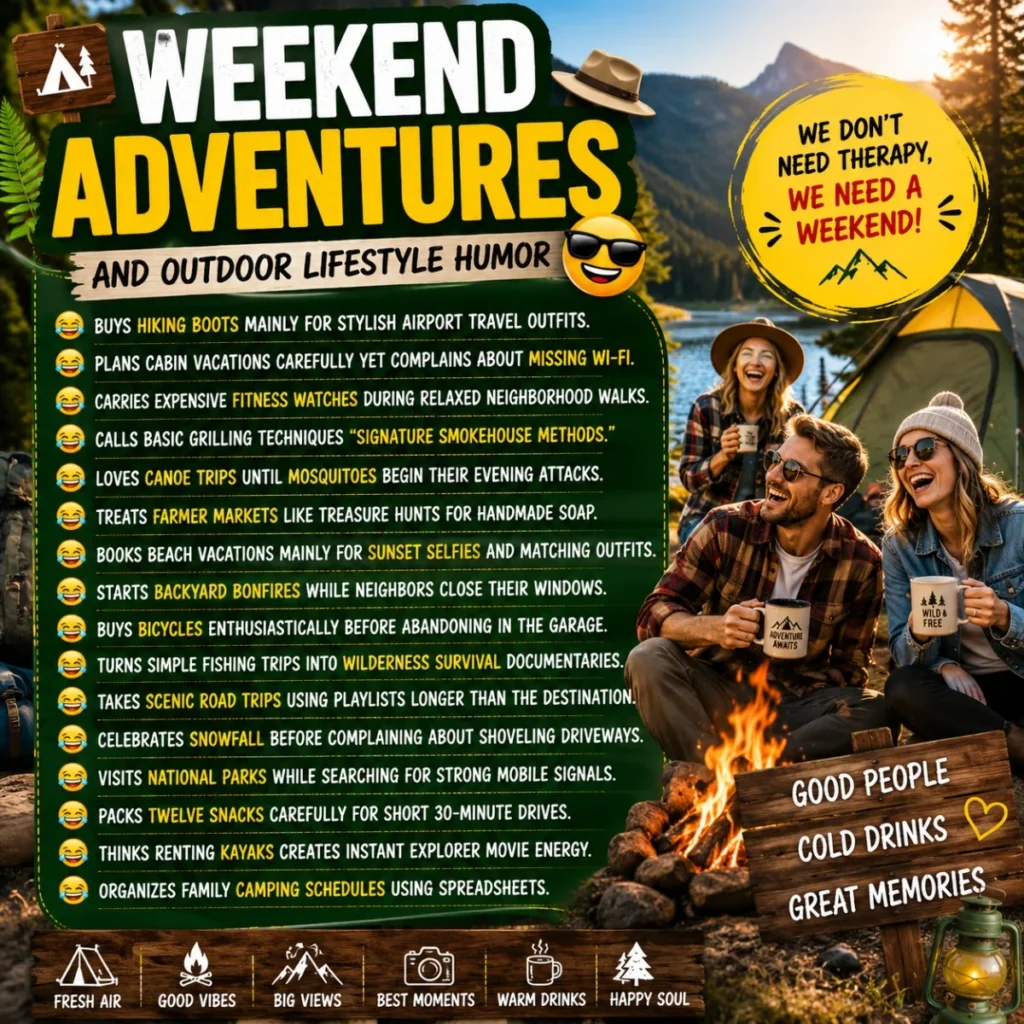 Weekend adventures outdoor humor poster with camping friends, lake, mountains, and campfire