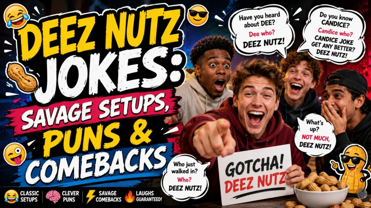Deez nutz jokes image with laughing friends, comic speech bubbles, peanuts, savage setups, puns, and funny comebacks.