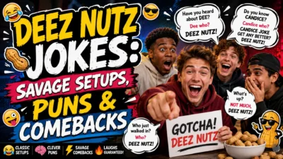 Deez nutz jokes image with laughing friends, comic speech bubbles, peanuts, savage setups, puns, and funny comebacks.