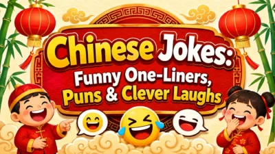 Colorful Chinese jokes banner with laughing cartoon kids, lanterns, bamboo, and playful humor text