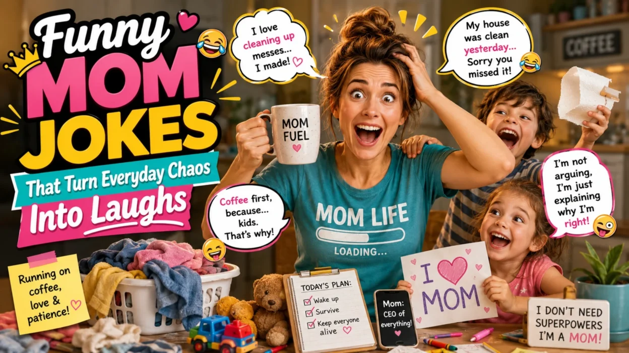 Funny mom jokes image showing a cheerful mom, kids, coffee, laundry, toys, and relatable motherhood chaos.