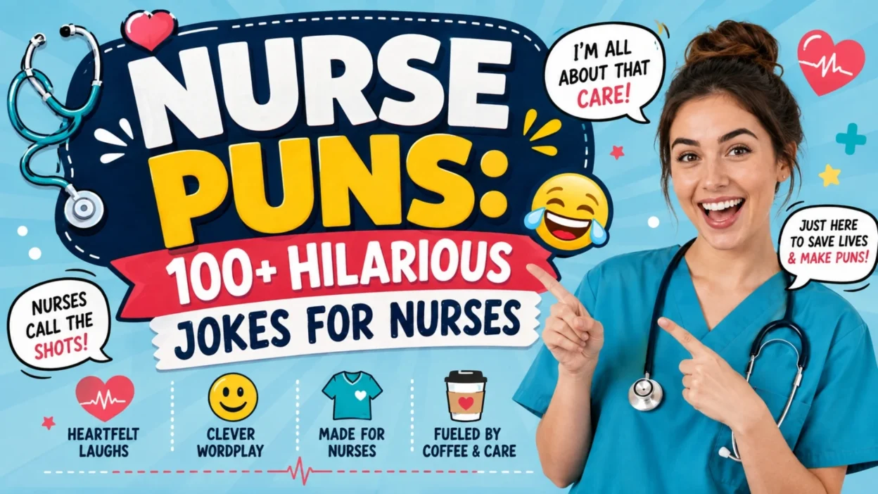 Funny nurse puns with a smiling nurse, medical icons, and 100+ hilarious jokes for nurses