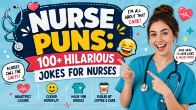 Funny nurse puns with a smiling nurse, medical icons, and 100+ hilarious jokes for nurses
