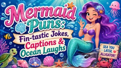 Mermaid puns image with a colorful mermaid, seashells, sea animals, and fun ocean-themed jokes and captions.