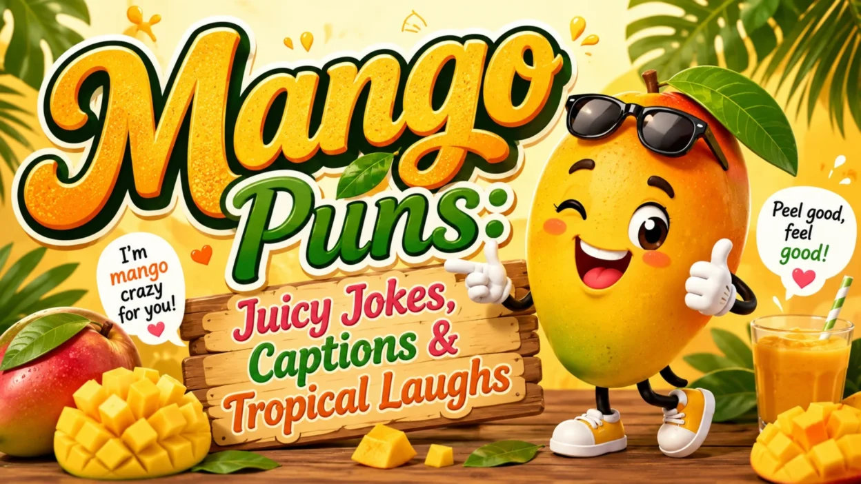 Mango puns image with juicy mangoes, tropical beach vibes, funny captions, and a cheerful mango character.
