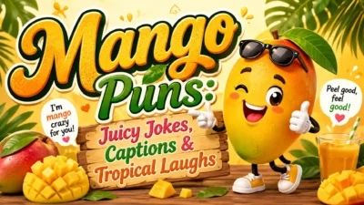 Mango puns image with juicy mangoes, tropical beach vibes, funny captions, and a cheerful mango character.