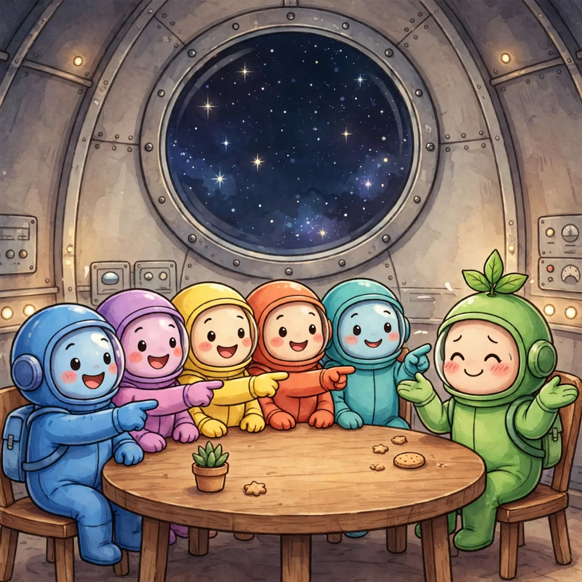 Five cartoon crewmates in blue, pink, yellow, orange and teal spacesuits laughing and pointing at a sheepish green crewmate wearing a small leaf sprout hat, around a table with star-shaped cookies under a giant round window.