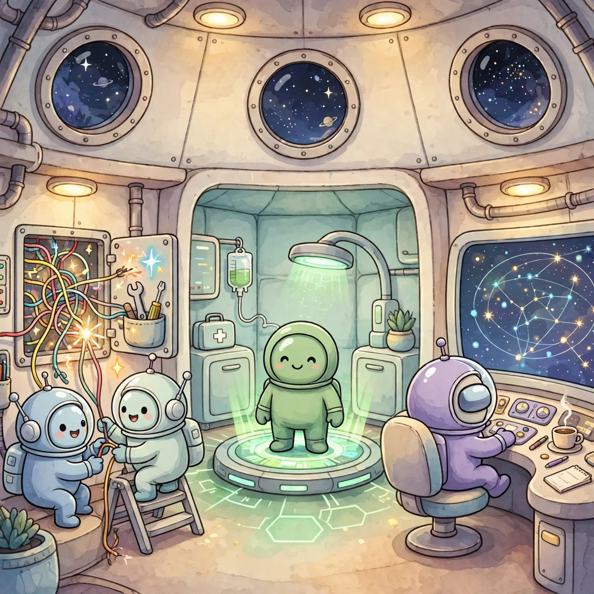 A cartoon spaceship room where two crewmates fix a tangle of sparking colorful wires, a green crewmate stands on a glowing medbay scanner, and a purple crewmate works at a navigation desk with a star chart.