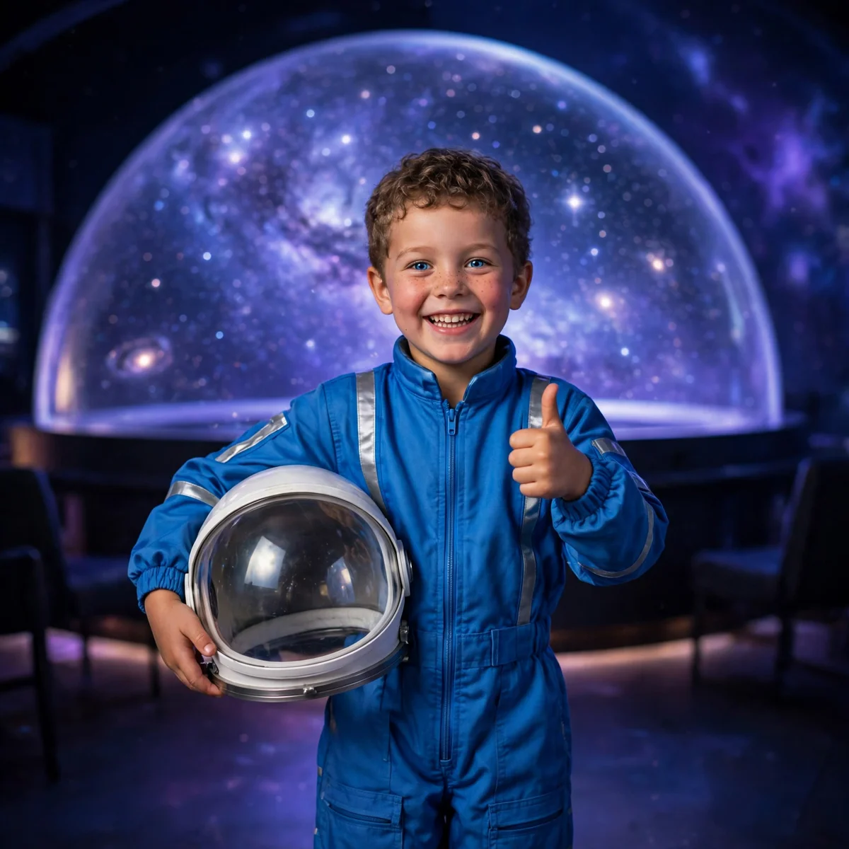 A smiling young boy in a blue astronaut costume holding a clear bubble helmet and giving a thumbs up, standing before a glowing purple planetarium dome filled with stars.