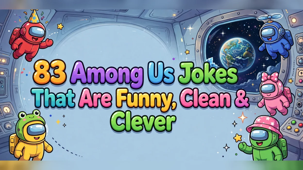 Among Us jokes illustration featuring the title in big colorful 3D bubble letters inside a cartoon spaceship cabin, surrounded by five cute crewmates in silly hats with Earth glowing through a large round porthole.