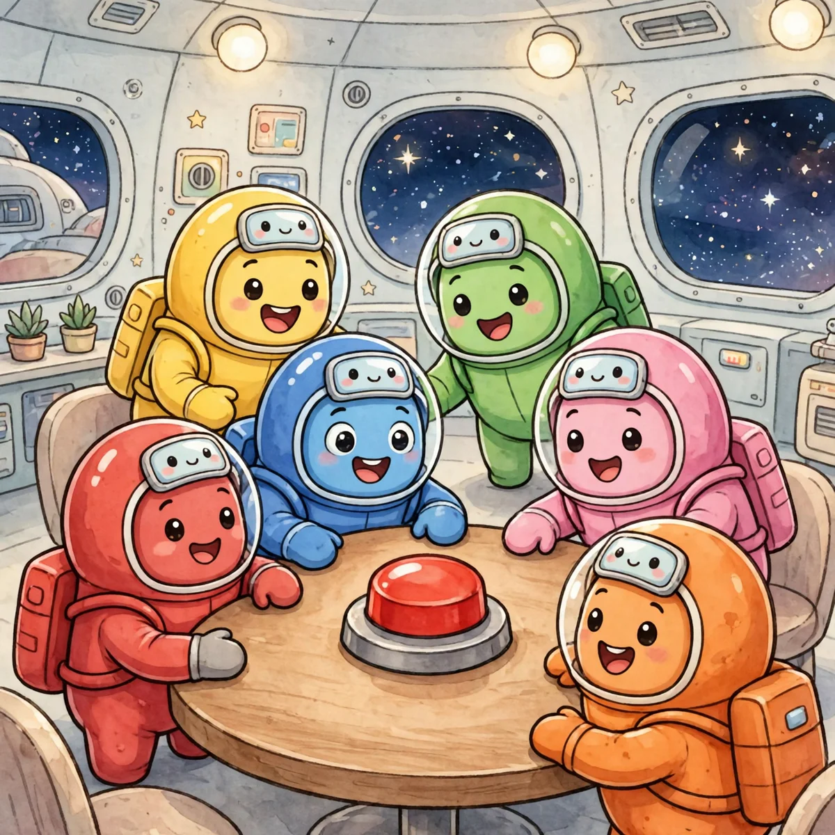 Six cute cartoon crewmates in red, blue, yellow, green, pink and orange spacesuits gathered around a round cafeteria table with a big red emergency button, inside a spaceship with starry windows.