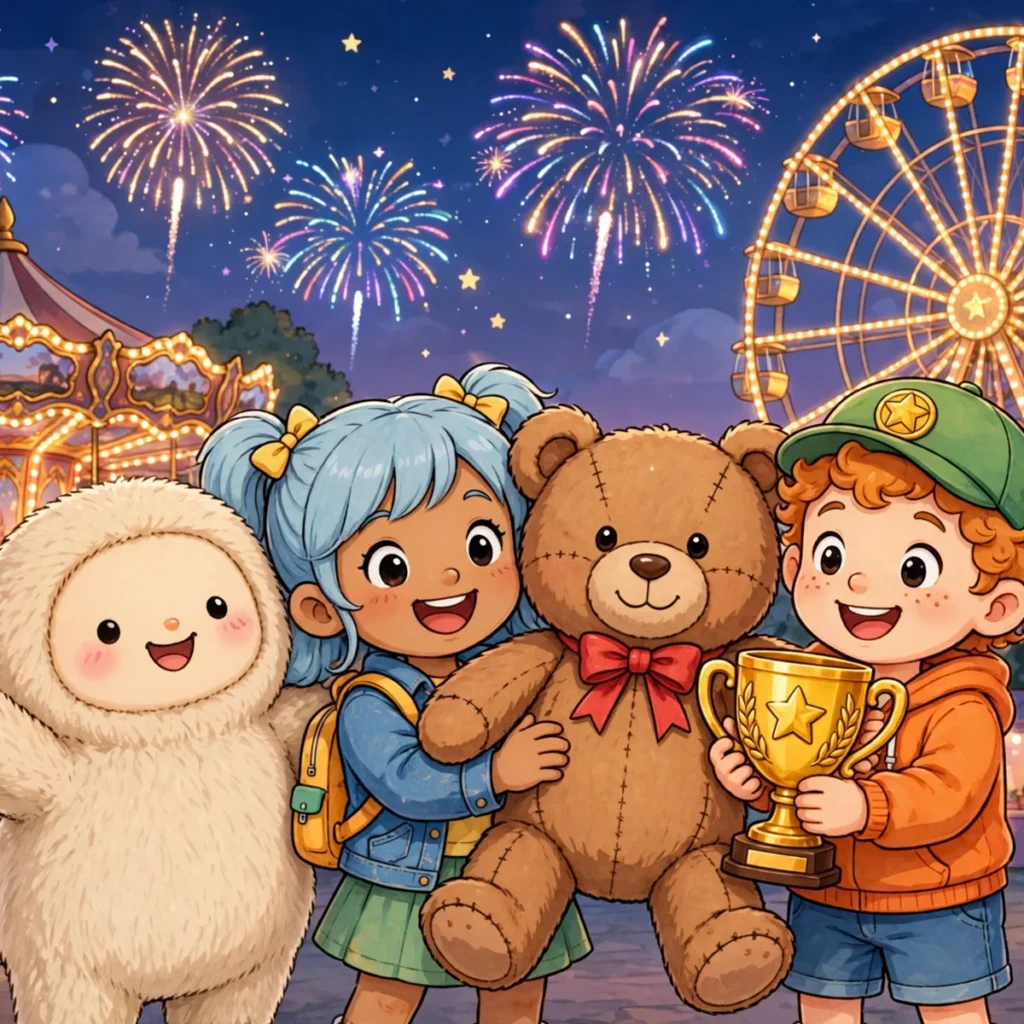 Amusement park puns illustration featuring a cartoon park celebration at dusk with fireworks, a giant prize teddy bear, and a golden trophy.