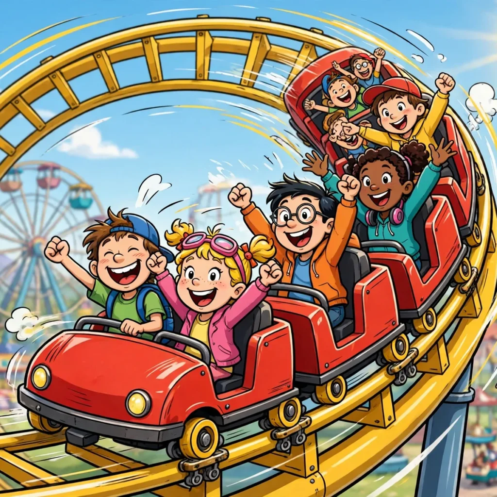 Amusement park puns illustration featuring a red cartoon roller coaster train racing through a giant loop-de-loop.