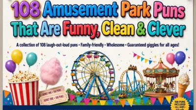 Amusement park puns poster featuring a colorful Ferris wheel, a roller coaster loop, a carousel, balloons, and cotton candy under big colorful title letters.