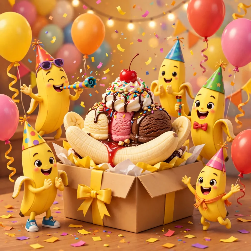 Happy cartoon bananas at a party with a banana split gift box
