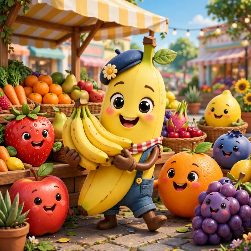 A cheerful cartoon banana posing at a colorful fruit market stall
