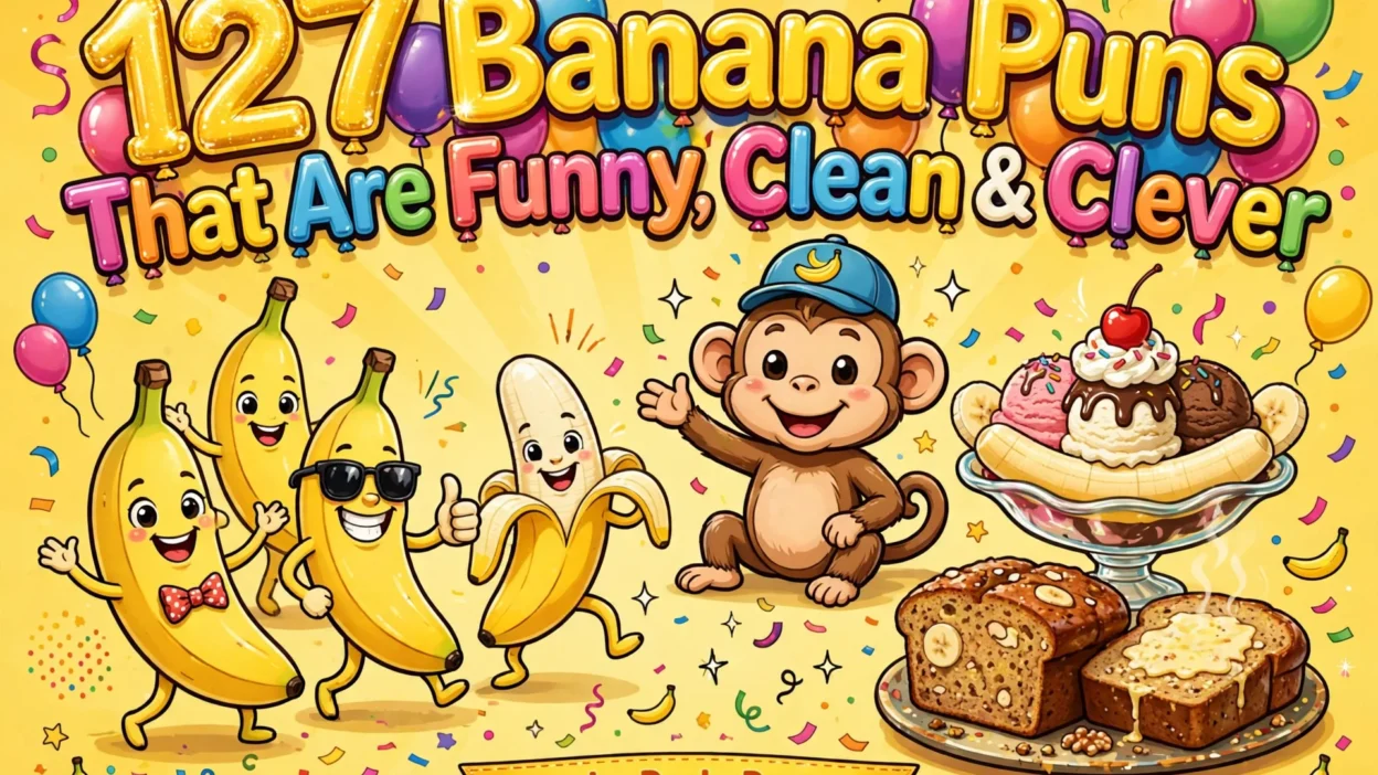 127 Banana Puns That Are Funny, Clean & Clever – colorful title poster with cartoon bananas, a monkey, a banana split and banana bread