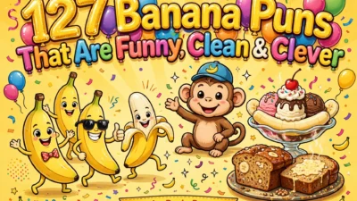 127 Banana Puns That Are Funny, Clean & Clever – colorful title poster with cartoon bananas, a monkey, a banana split and banana bread