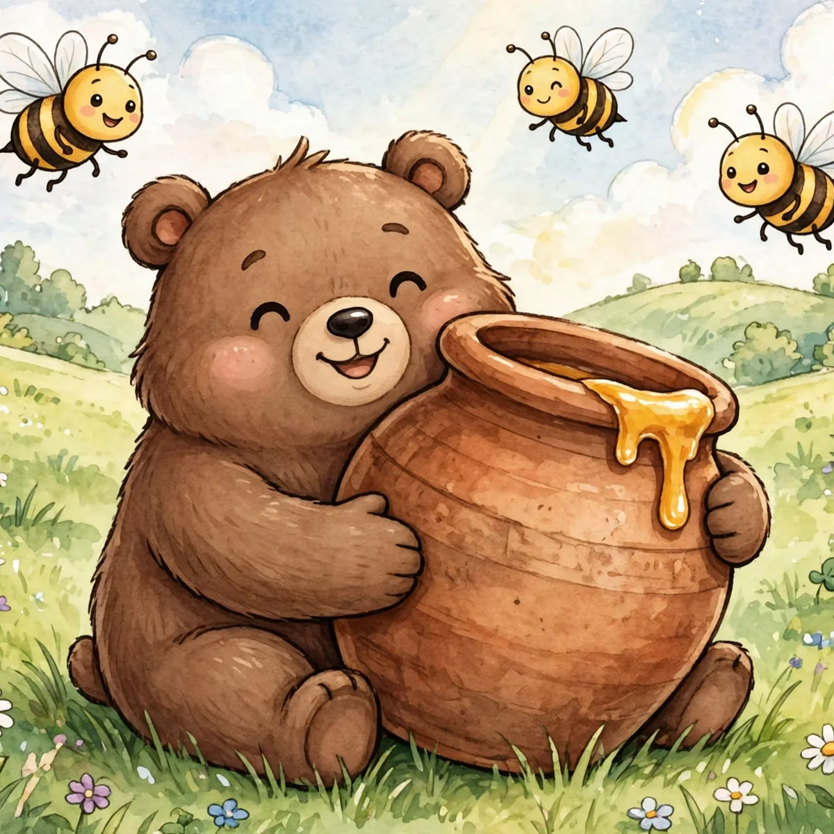 A cute cartoon brown bear hugging a large clay honey pot with golden honey dripping down its side, while three smiling bees fly above a flower meadow.