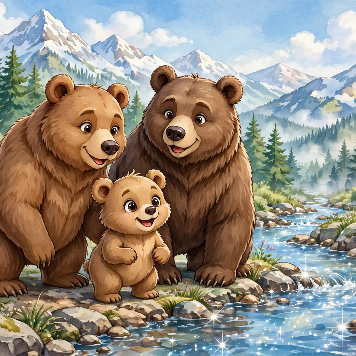 Two adult cartoon bears and a small cub standing on rocks beside a sparkling stream, with pine forest and snowy mountain peaks behind them.