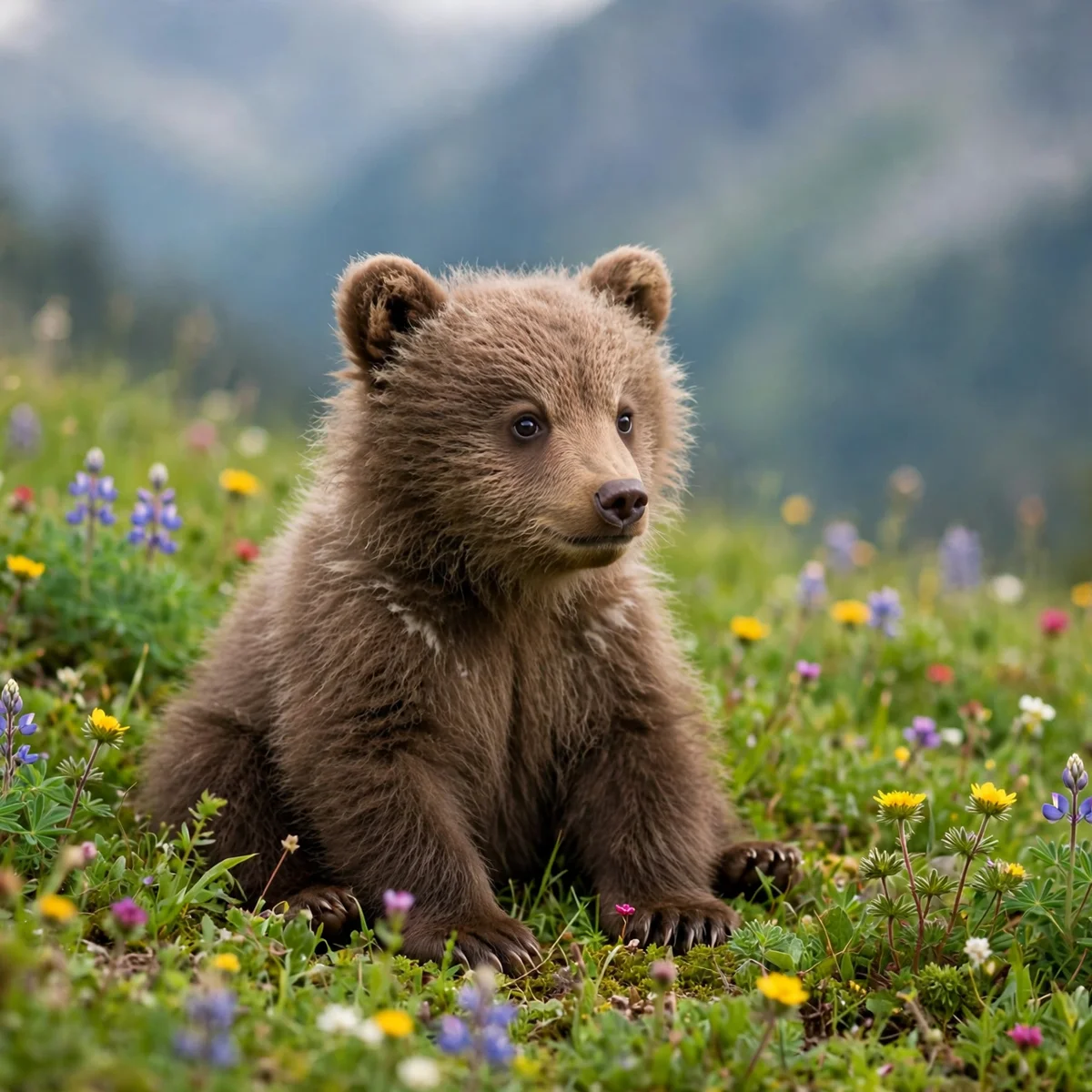 A fluffy brown bear cub sitting in a green alpine meadow filled with purple, yellow and pink wildflowers, with misty mountains behind.