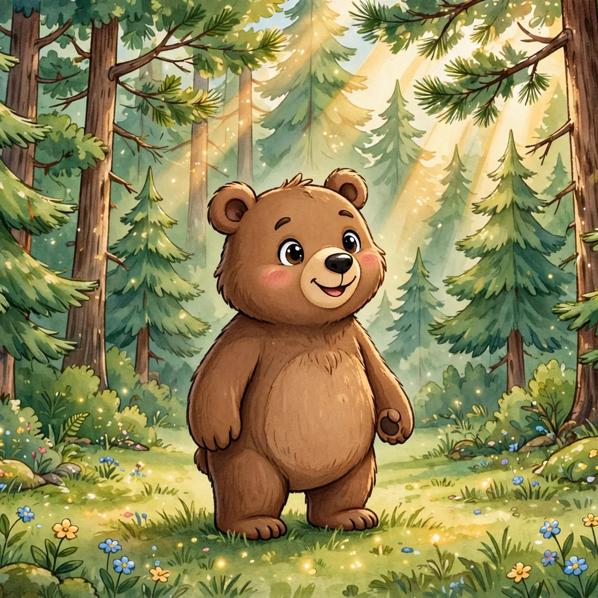 A smiling cartoon brown bear standing in a sunlit forest clearing surrounded by tall green pine trees and small wildflowers.