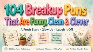 Breakup puns poster featuring a fresh-start journal, healing notes, a growing plant, butterflies, and colorful title letters on a soft pastel background.