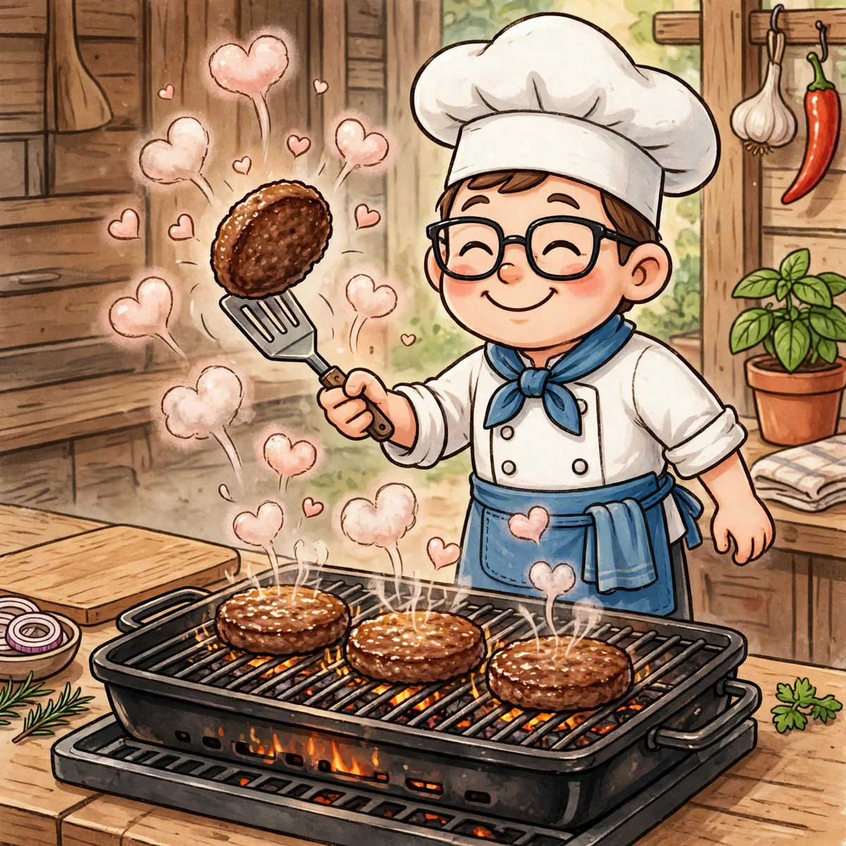 A smiling cartoon chef in a tall white hat and blue apron flipping a burger patty on a spatula over a charcoal grill with three more patties, pink heart-shaped steam puffs rising around him.