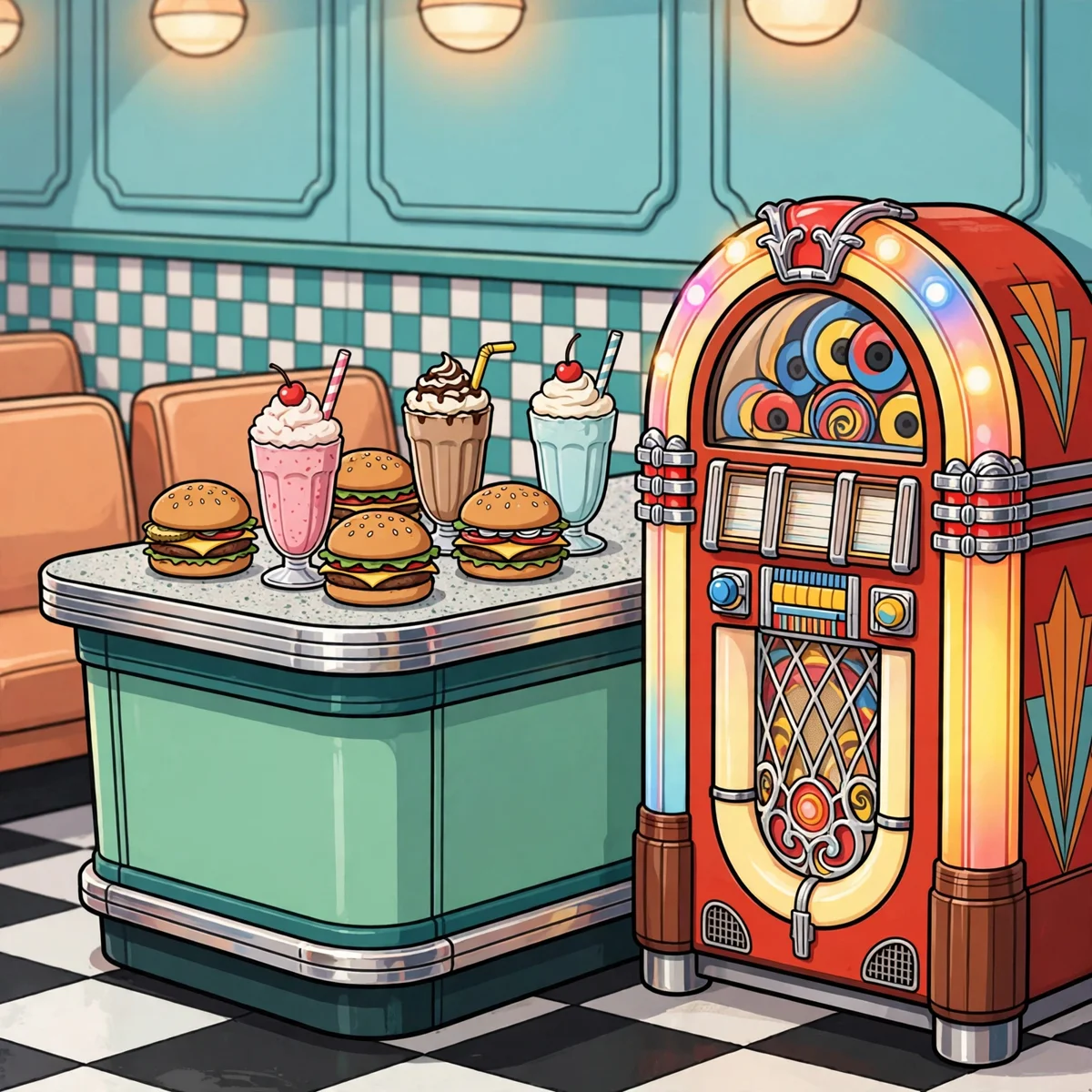A cartoon retro diner counter topped with four burgers and three milkshakes, beside a large red and yellow jukebox filled with colorful records, with booth seats and a checkered floor.