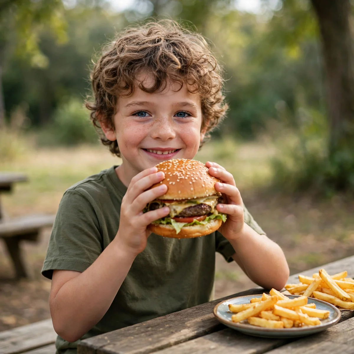 A smiling young boy with curly hair holding a large sesame-seed cheeseburger with both hands at a wooden picnic table outdoors, with a plate of fries beside him.