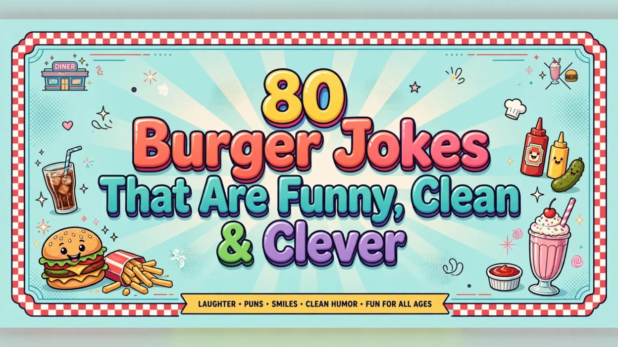Burger jokes illustration featuring the title in big colorful 3D bubble letters on a light teal diner-style poster with a red-and-white checkered border, surrounded by a smiling cartoon burger, fries, a soda, ketchup and mustard bottles, a pickle and a pink milkshake.