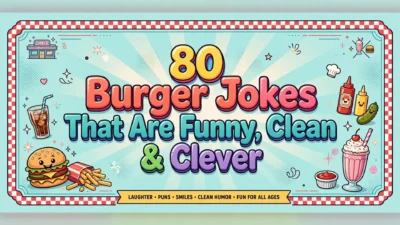 Burger jokes illustration featuring the title in big colorful 3D bubble letters on a light teal diner-style poster with a red-and-white checkered border, surrounded by a smiling cartoon burger, fries, a soda, ketchup and mustard bottles, a pickle and a pink milkshake.