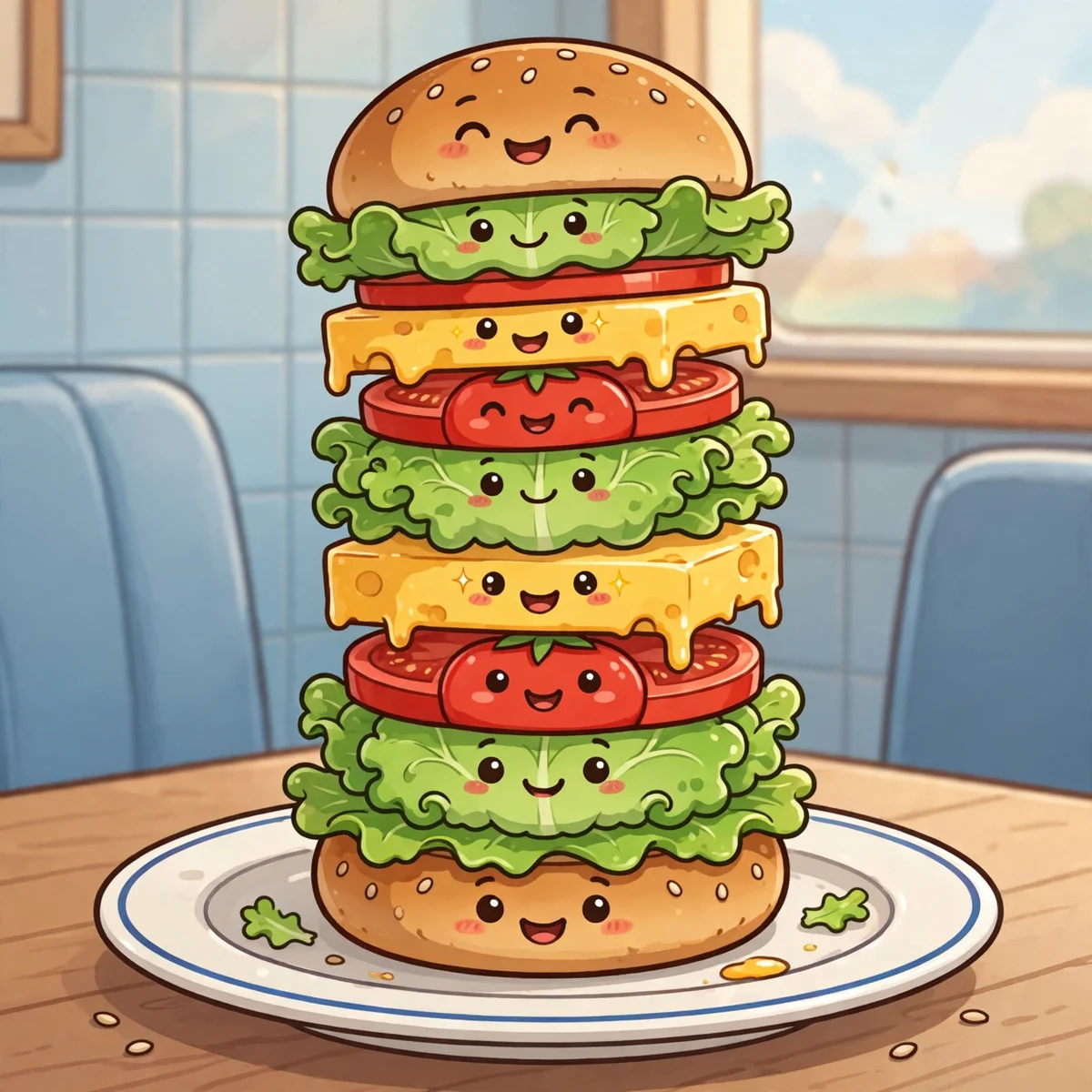 An absurdly tall cartoon burger with smiling lettuce, tomato and cheese layers stacked high on a white diner plate, in front of blue tiled walls and diner booth seats.