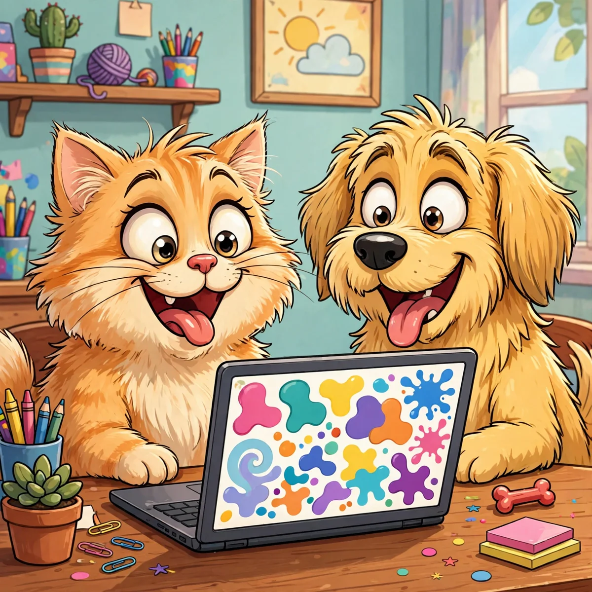 A fluffy orange cartoon cat and a shaggy golden dog with wide eyes, raised eyebrows and tongues out, sitting at a desk in front of a laptop showing colorful abstract paint blobs.