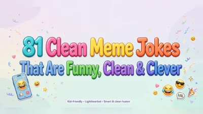 Clean meme jokes illustration featuring the article title in big glossy multicolored 3D bubble letters on a soft pastel background, surrounded by laughing emoji faces, a smartphone with a laughing face on its screen, confetti and stars.