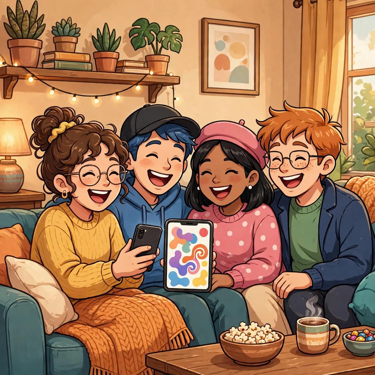 Four cartoon friends laughing together on a teal couch in a cozy living room, looking at a phone whose screen shows only colorful abstract shapes, with popcorn and a warm drink on the table.
