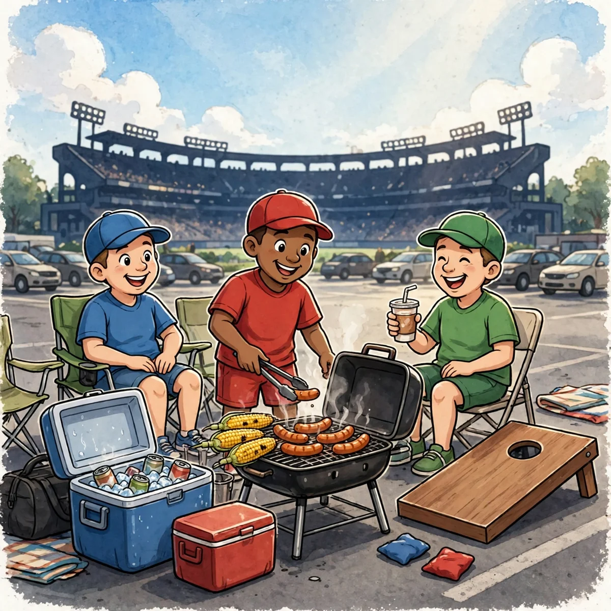 A cartoon illustration of three smiling friends tailgating in a stadium parking lot, grilling sausages and corn on a barbecue beside coolers and a cornhole board, with a big stadium in the background.