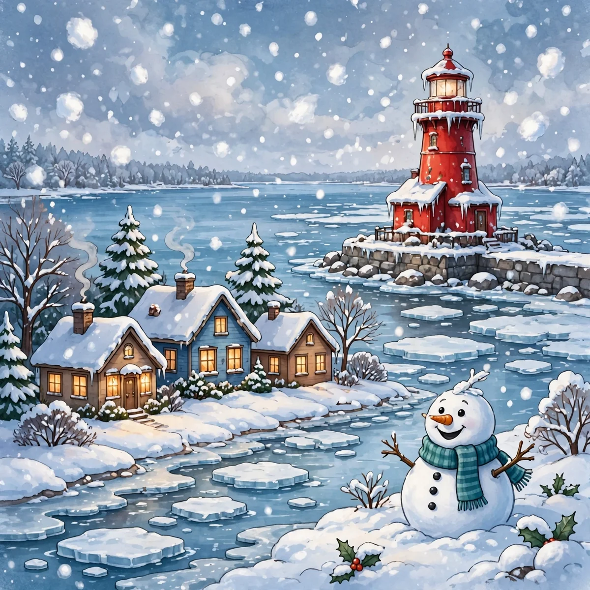 A cartoon illustration of a snowy lakefront with a tall red lighthouse covered in snow, cozy houses with glowing windows beside a partly frozen lake with floating ice, falling snowflakes and a smiling snowman in a teal scarf.