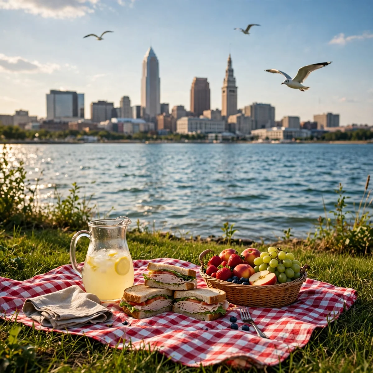 A realistic photo of a picnic on a red-and-white checkered blanket on grass beside Lake Erie, with a pitcher of lemonade, stacked sandwiches and a basket of fruit, and the Cleveland skyline across the water.