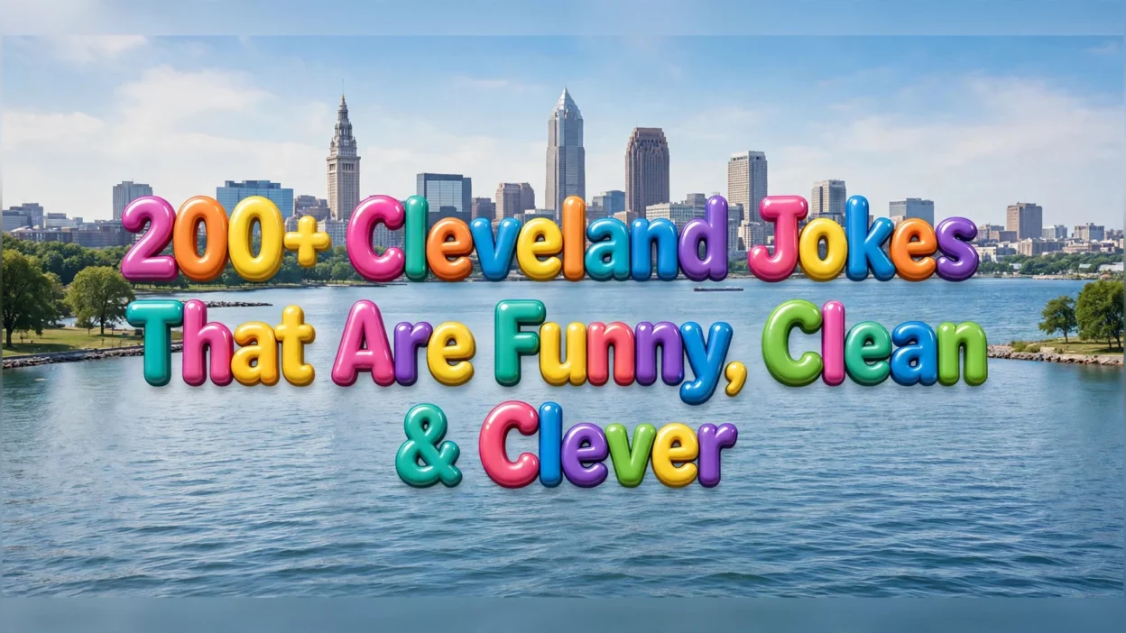 Cleveland jokes illustration featuring the article title in big colorful 3D bubble letters floating over Lake Erie, with the downtown Cleveland skyline and Terminal Tower behind.