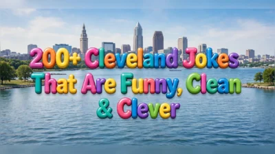 Cleveland jokes illustration featuring the article title in big colorful 3D bubble letters floating over Lake Erie, with the downtown Cleveland skyline and Terminal Tower behind.
