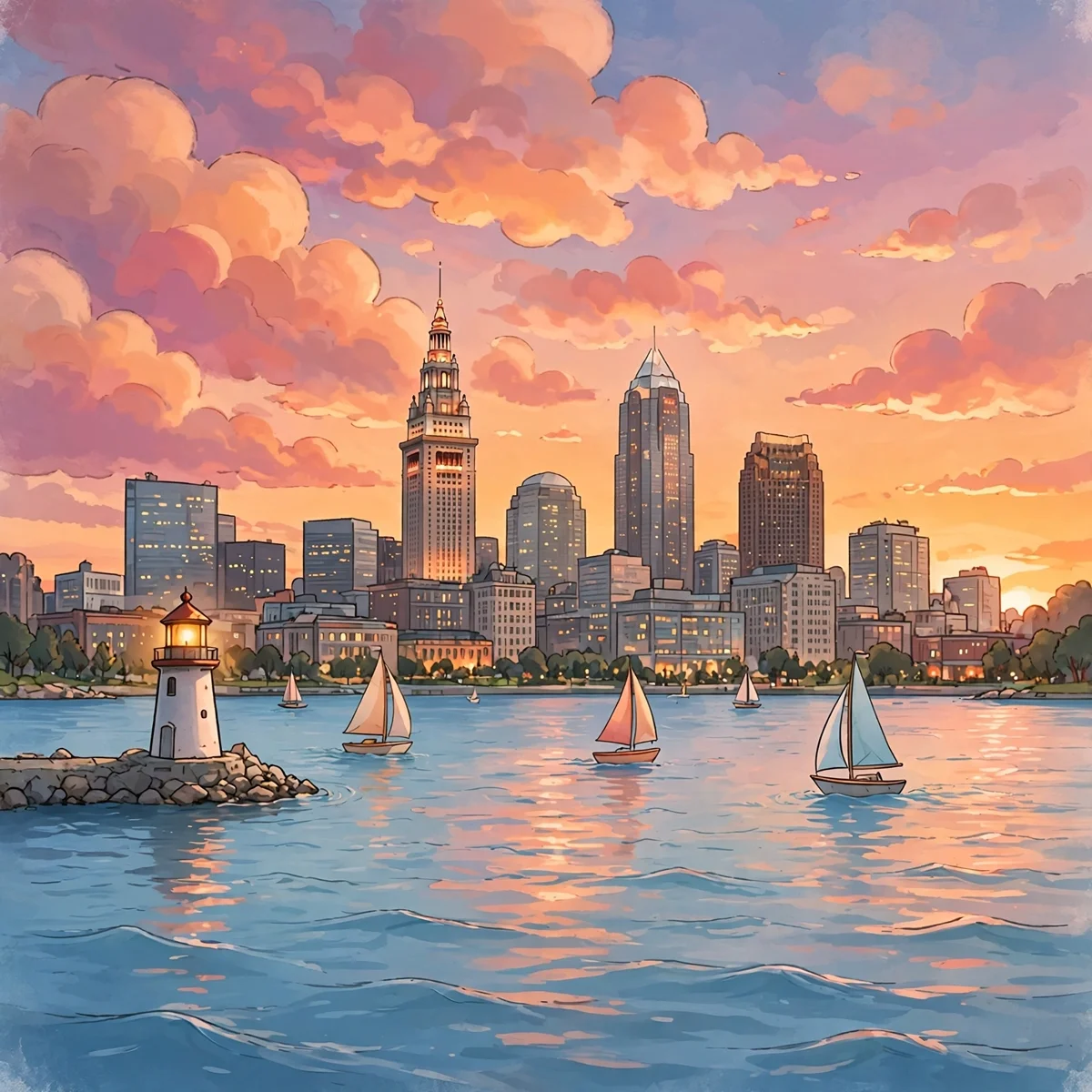 A cartoon illustration of the Cleveland skyline at dusk across Lake Erie at sunset, with a glowing lighthouse on a rocky pier, sailboats on calm water and pink-orange clouds above the towers.