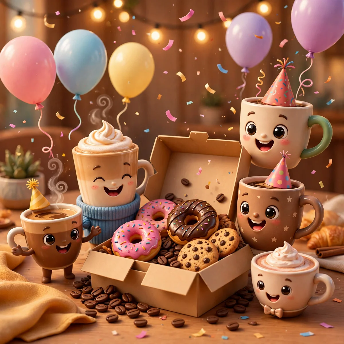 Happy cartoon coffee cups at a party with donuts and cookies