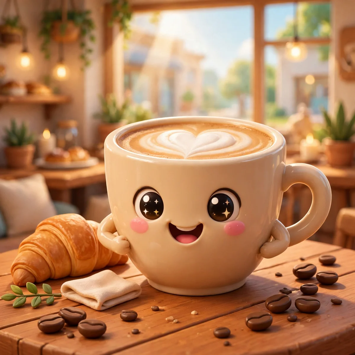 A cheerful cartoon coffee cup with latte art on a cozy café table