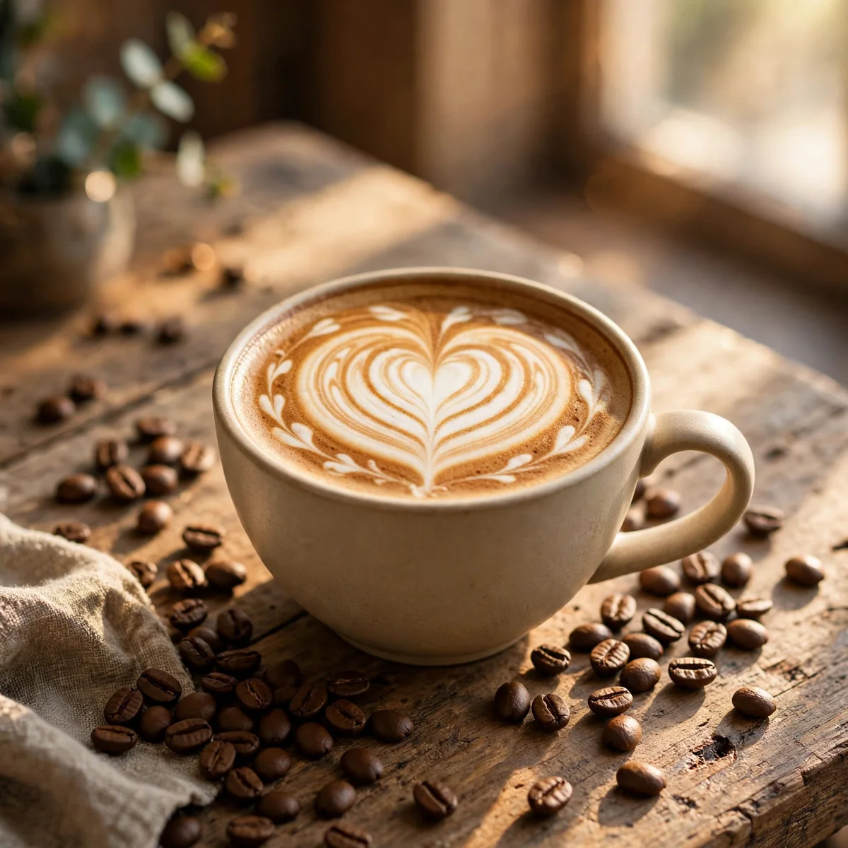 A cup of coffee with heart latte art in warm morning sunlight