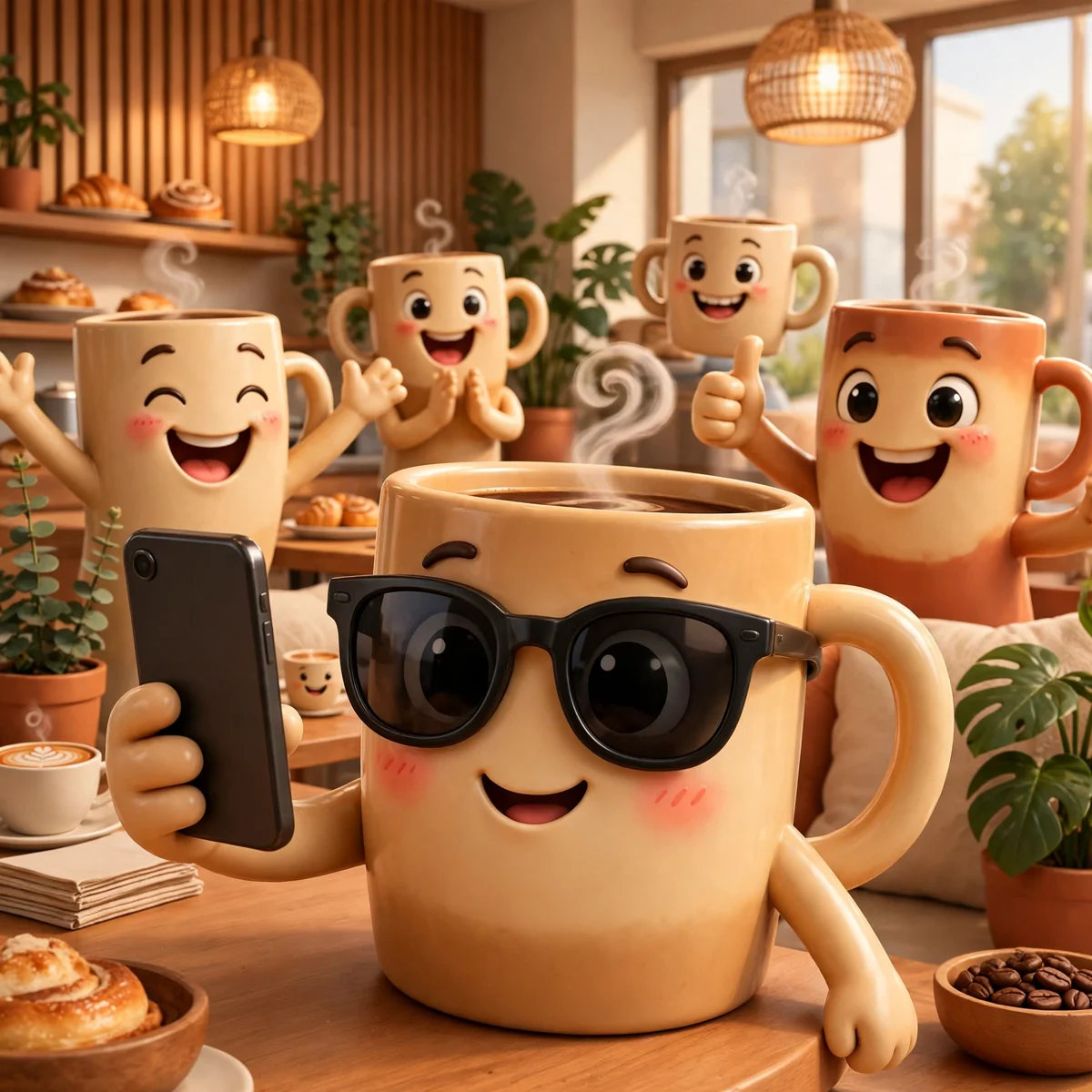 A cool cartoon coffee mug wearing sunglasses and taking a selfie