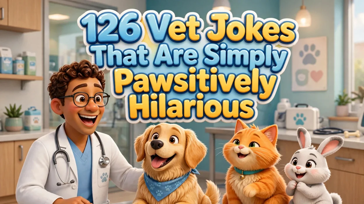 126 Vet Jokes That Are Simply Pawsitively Hilarious — funny 3D cartoon veterinarian with dog, cat and bunny