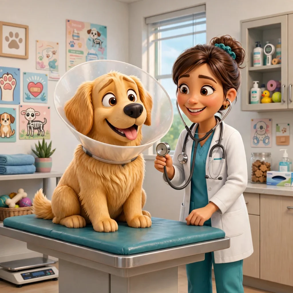 Funny 3D cartoon dog wearing a cone of shame at the vet clinic