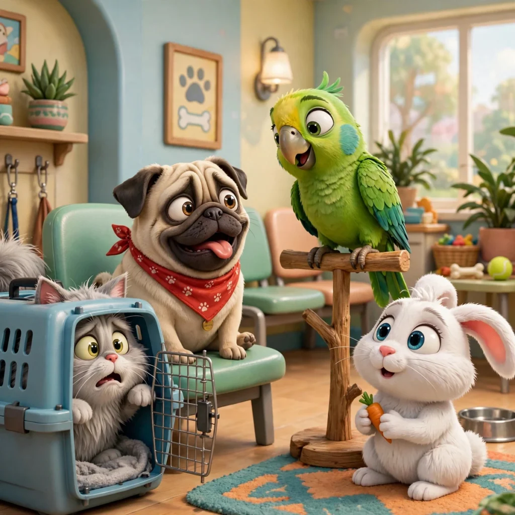 Funny 3D cartoon pets waiting in a vet clinic waiting room